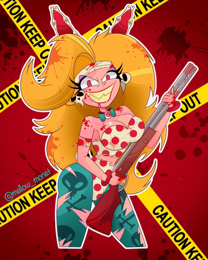 1girls 2022 big_breasts blonde_hair blood blood_in_hair bones bowtie breasts bunny_costume bunny_ears bunnysuit cleavage covered_in_blood double-barreled_shotgun evil_grin female female_only firearm helluva_boss hourglass_figure martha_(helluva_boss) mellow_monet messy_hair sharp_teeth shotgun signature skull_and_crossbones skull_earrings solo solo_female stockings thick_thighs torn_bodysuit torn_legwear vivienne_medrano vivziepop weapon wide_hips yellow_tape