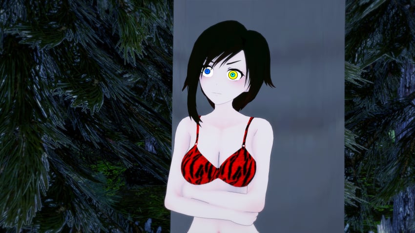 3d angry bikini black_hair breasts confusion crossed_arms hypnosis kaa_eyes koikatsu leopard_print medium_breasts mind_control mrkoiru open_mouth outdoors pale_skin ruby_rose rwby silver_eyes swimsuit the_jungle_book