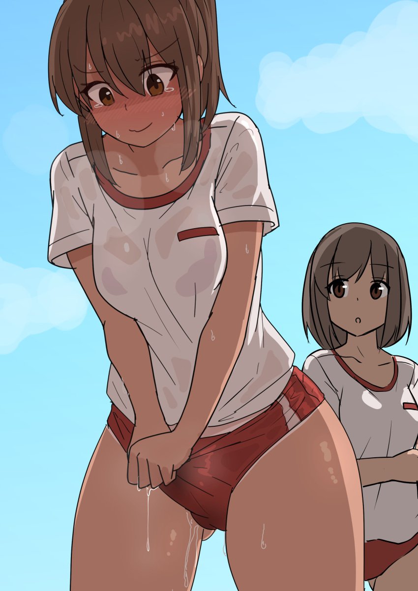 1futa 1girls absurdres ass_visible_through_thighs blue_sky blush breasts brown_hair bulge buruma closed_mouth clothed clothing cloud collarbone commentary_request cowboy_shot dot_nose duke_shiwa duo embarrassed erection erection_under_clothes female fully_clothed futanari gym_uniform hair_between_eyes hiding_erection highres human light-skinned_female light-skinned_futanari light_skin looking_at_another medium_breasts medium_hair multiple_girls open_mouth original outdoors precum precum_through_clothing public_indecency shiwa_kou short_hair short_sleeves sidelocks sky smile standing sweat tenting trying_not_to_cum