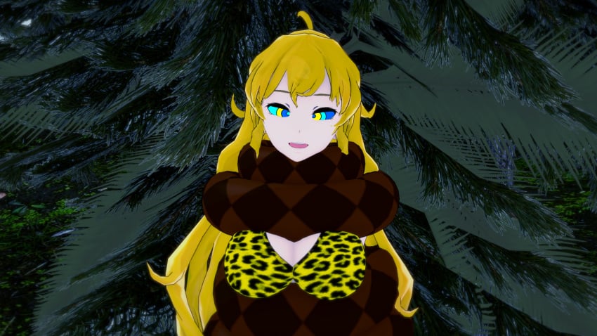 3d bikini blonde_hair breasts coiling eyes_crossed hypnosis kaa_eyes koikatsu lamia large_breasts leopard_print long_hair mind_control monster monster_girl mrkoiru open_mouth original original_character outdoors pale_skin rwby smile snake the_jungle_book yang_xiao_long