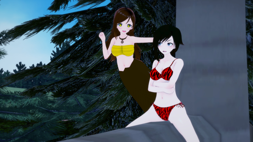 3d bikini black_hair breasts brown_hair crossed_arms koikatsu lamia leopard_print long_hair medium_breasts monster monster_girl mrkoiru open_mouth original original_character outdoors pale_skin ruby_rose rwby silver_eyes star-shaped_pupils swimsuit the_jungle_book