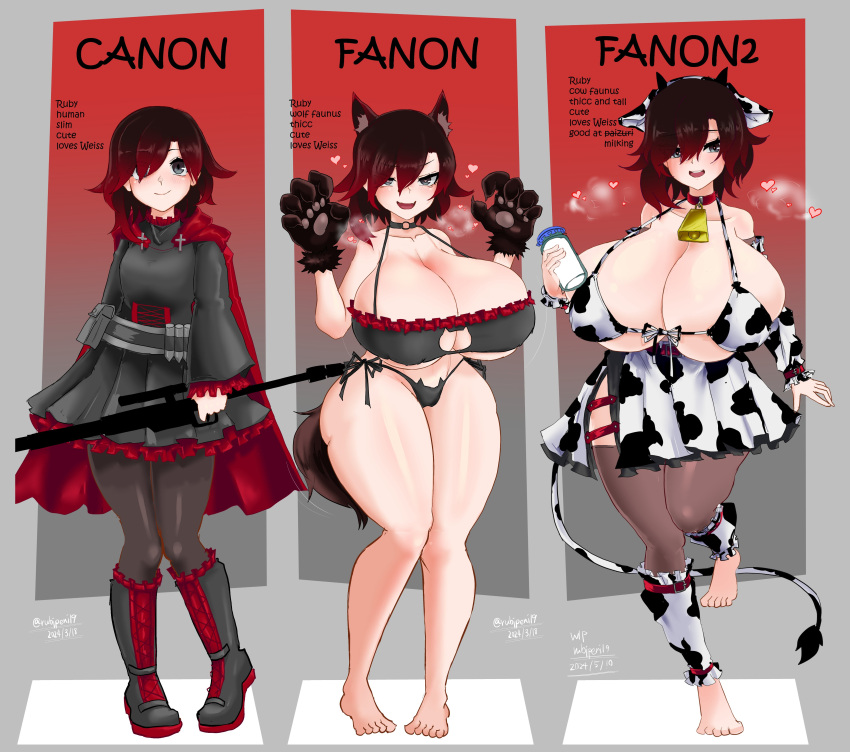 1girls alternate_body_type alternate_breast_size alternate_species black_hair cow_ears cow_girl cow_horns cow_print cow_tail cowbell crescent_rose female female_only gigantic_breasts gradient_hair huge_breasts odakubara red_hair ruby_rose rwby self_upload silver_eyes solo tagme weapon wolf_ears wolf_girl wolf_tail