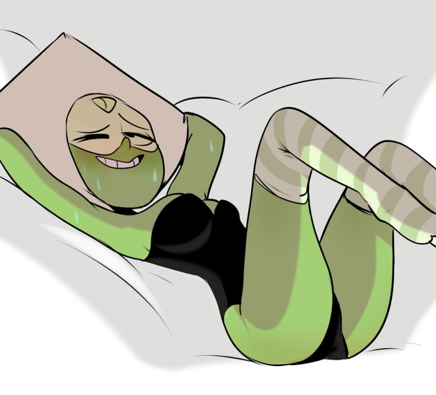 1girls 2015 armpits artist_request blonde_hair blushmallet cartoon_network color digital_media_(artwork) gem_(species) green_skin kneesocks leotard peridot_(steven_universe) solo steven_universe striped_legwear sweat sweating visor wink