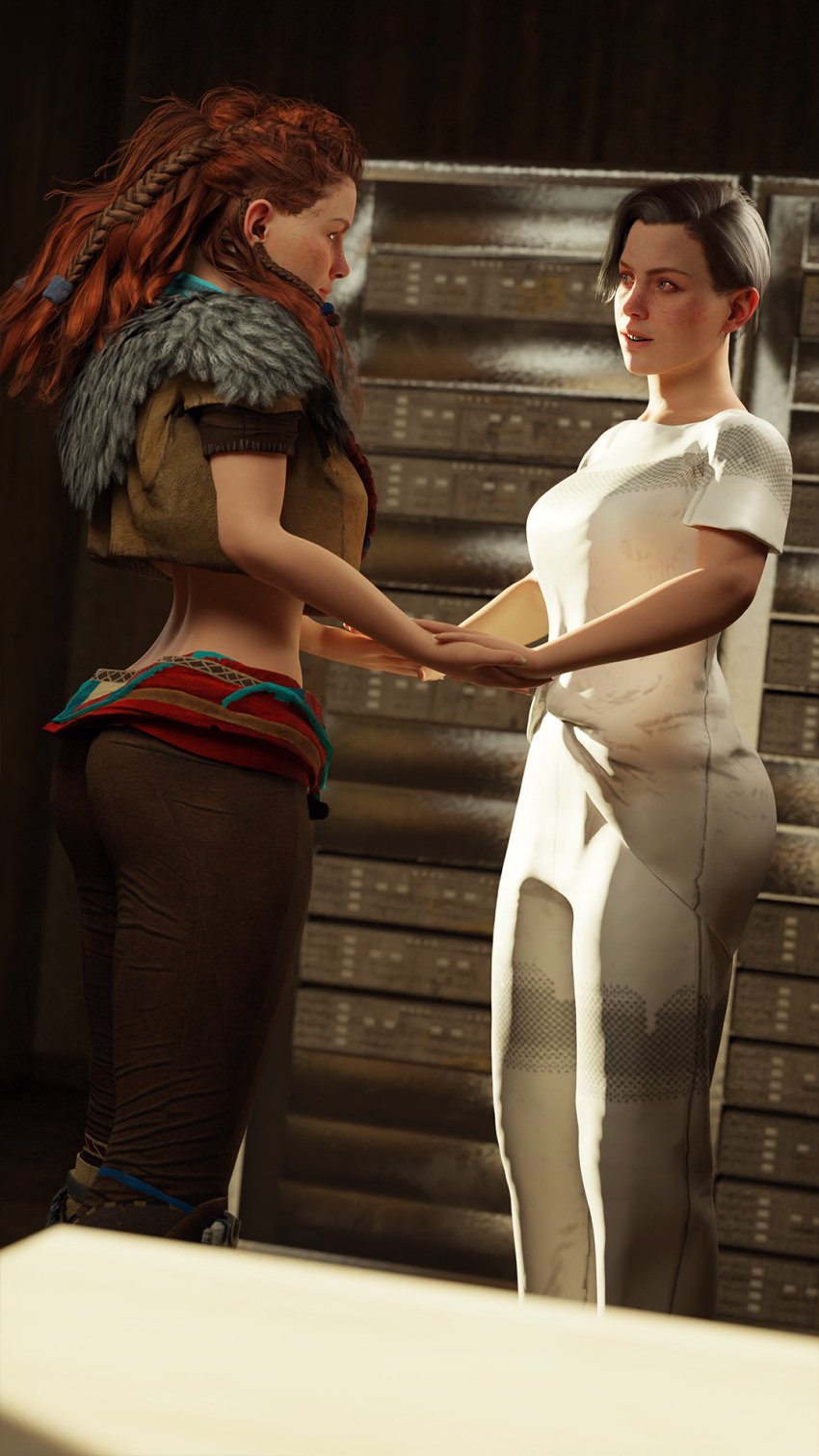 2girls 3d 3d_model aloy beta_(horizon_forbidden_west) cgi clone clones clothed clothed_female clothed_female_clothed_female female female_only freckles freckles_on_face futuristic_clothing green_eyes guerilla_games holding_hands horizon_forbidden_west horizon_zero_dawn interior interior_background interior_scene inviting inviting_to_sex junkerz long_hair looking_at_each_other multiple_girls office red_hair short_hair sony_interactive_entertainment tribal_clothing tribal_outfit twin_sisters twins