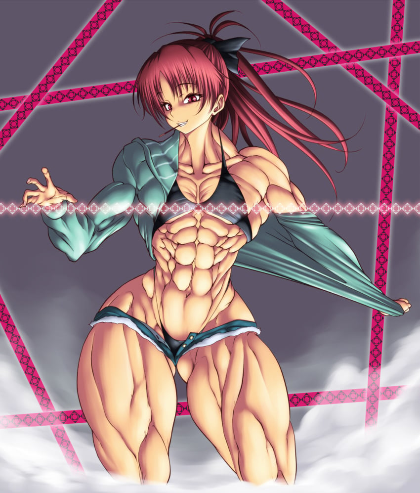 1girls abs biceps bikini breasts cleavage collarbone extreme_muscles female female_only hairbow highres huge_thighs jacket long_hair looking_at_viewer mahou_shoujo_madoka_magica micro_bikini muscle muscles muscular muscular_female muscular_legs navel pecs pocky ponytail purukogi_(plasma_beach) red_eyes red_hair ribbon sakura_kyouko seductive_smile small_breasts smile stomach strip thick_thighs tied_hair underboob