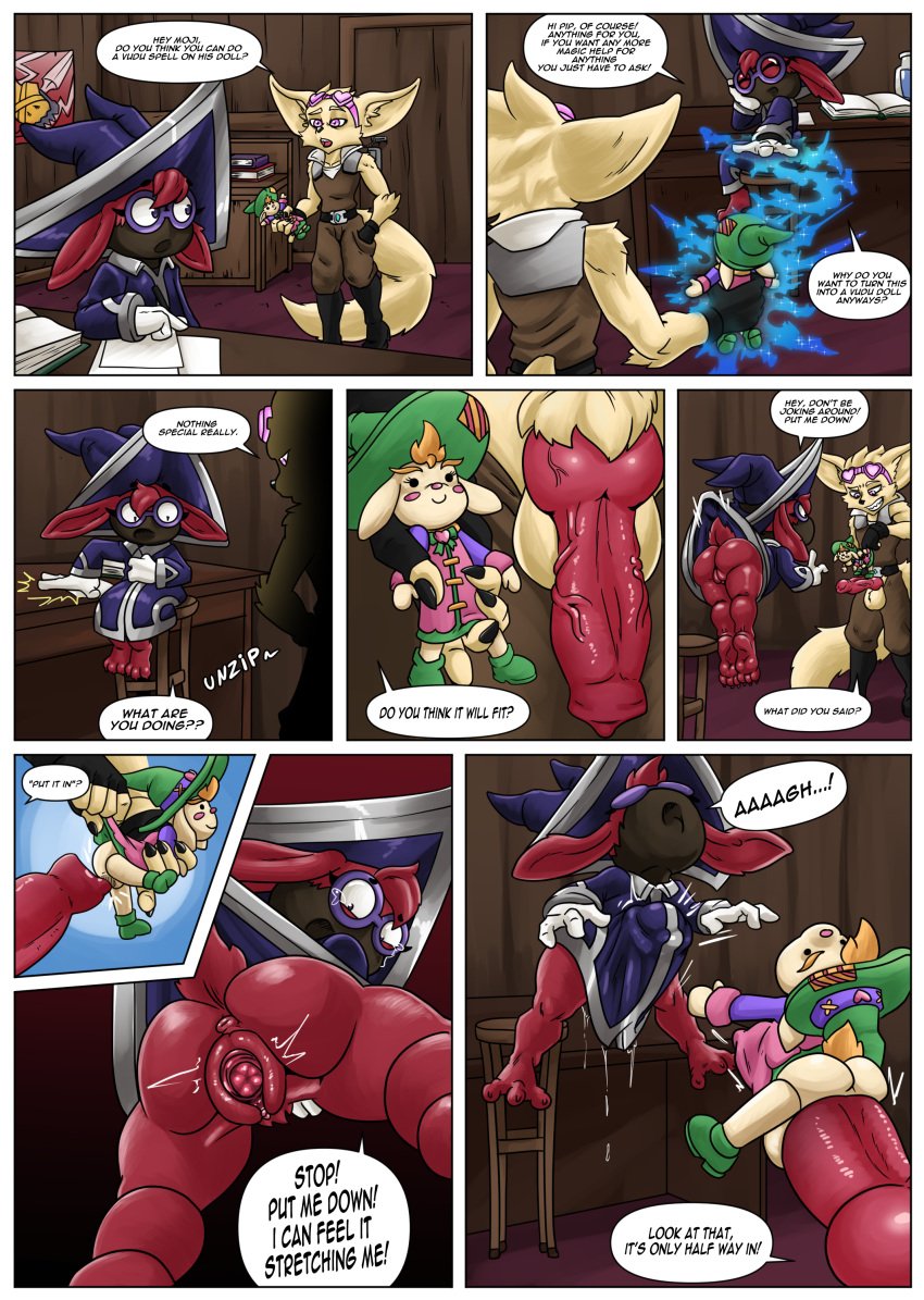 big_insertion buldge bunny comic_page english_text fox glasses moji_(paladins) mouth_mask paladins paladins_champions_of_the_realm pip_(paladins) skeletonkid5 stomach_bulge voodoo voodoo_doll