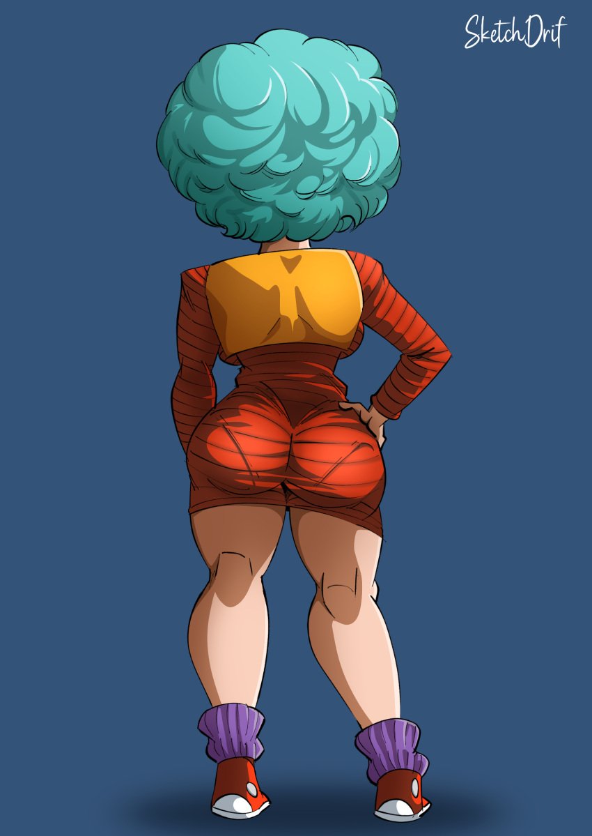 1girls afro ass back_view big_ass big_butt big_hair blue_hair bubble_butt bulma_(afro) bulma_briefs colored dat_ass dragon_ball dragon_ball_z fat_butt female female_only footwear full_body funsexydragonball hand_on_hip kneepits leg_warmers legwear purple_leg_warmers purple_legwear red_footwear red_sneakers round_ass shoes sketchdrif sneakers solo standing thick_ass thick_thighs tomboy turquoise_hair wide_hips