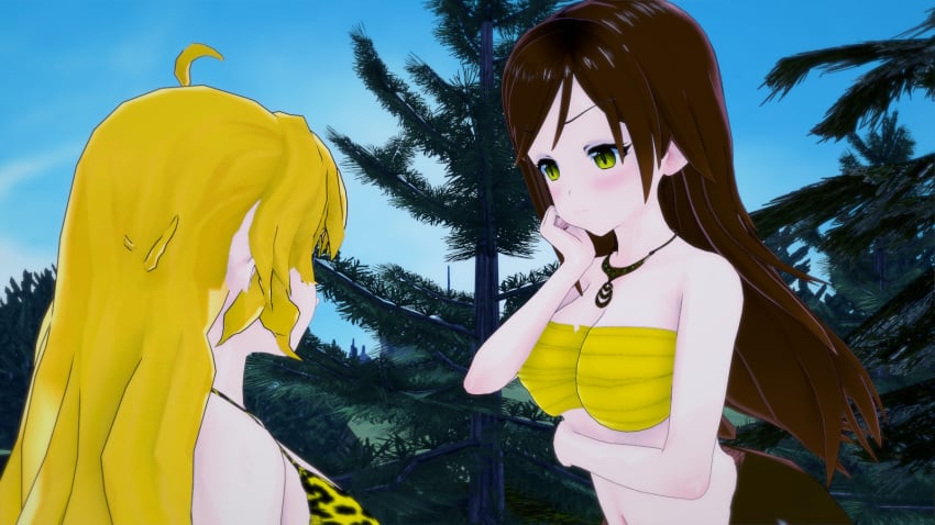 3d bikini blonde_hair breasts brown_hair eyes_crossed hypnosis kaa_eyes koikatsu lamia large_breasts leopard_print long_hair mind_control monster monster_girl mrkoiru open_mouth original original_character outdoors pale_skin resisting rwby smile the_jungle_book weak_resistance yang_xiao_long yellow_eyes