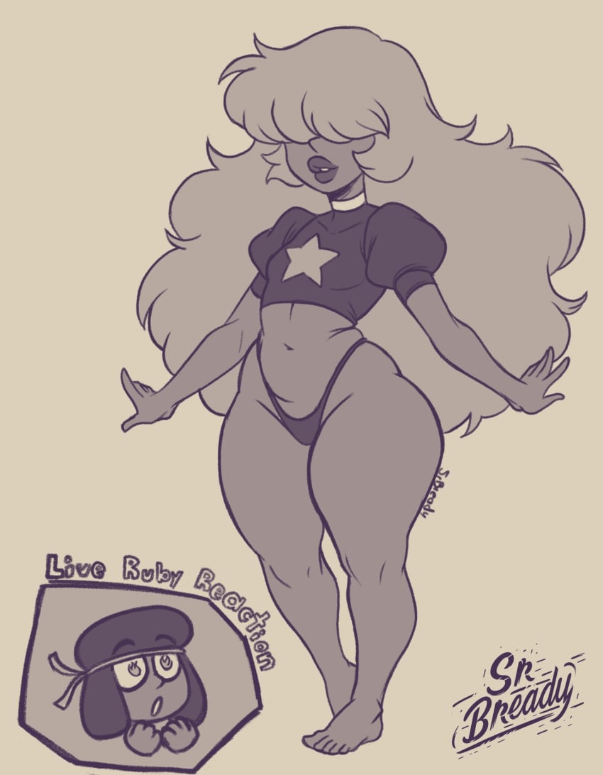 2girls bangs_over_eyes barefoot big_ass big_lips clothing fire_eyes gem_(species) headband lipstick live_reaction live_slug_reaction long_hair meme monochrome pov ruby_(steven_universe) sapphire_(steven_universe) shirt short_hair shortstack sketch small_breasts srbready steven_universe thick_thighs thong