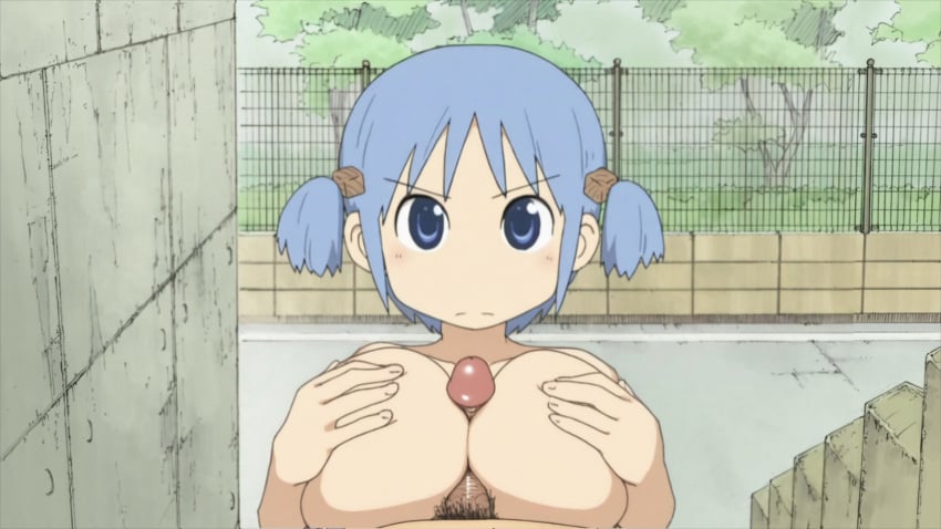 1boy 1girls ai_generated blue_eyes blue_hair breasts closed_mouth edit edited_screencap erection female large_breasts looking_at_viewer naganohara_mio nichijou paizuri penis pov pubic_hair screenshot screenshot_edit short_hair short_twintails straight titjob uncensored upscaled