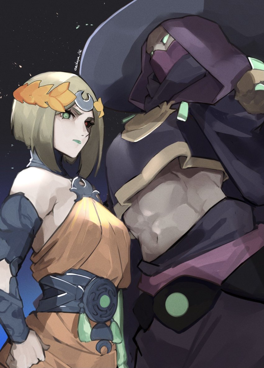 abs female_only goddess greek greek_female greek_mythology green_eyes hades_(game) hades_2 hecate_(hades) heterochromia laurel_crown mask masked masked_female melinoe_(hades) night_sky nikuya_dq size_difference supergiant_games titaness witch