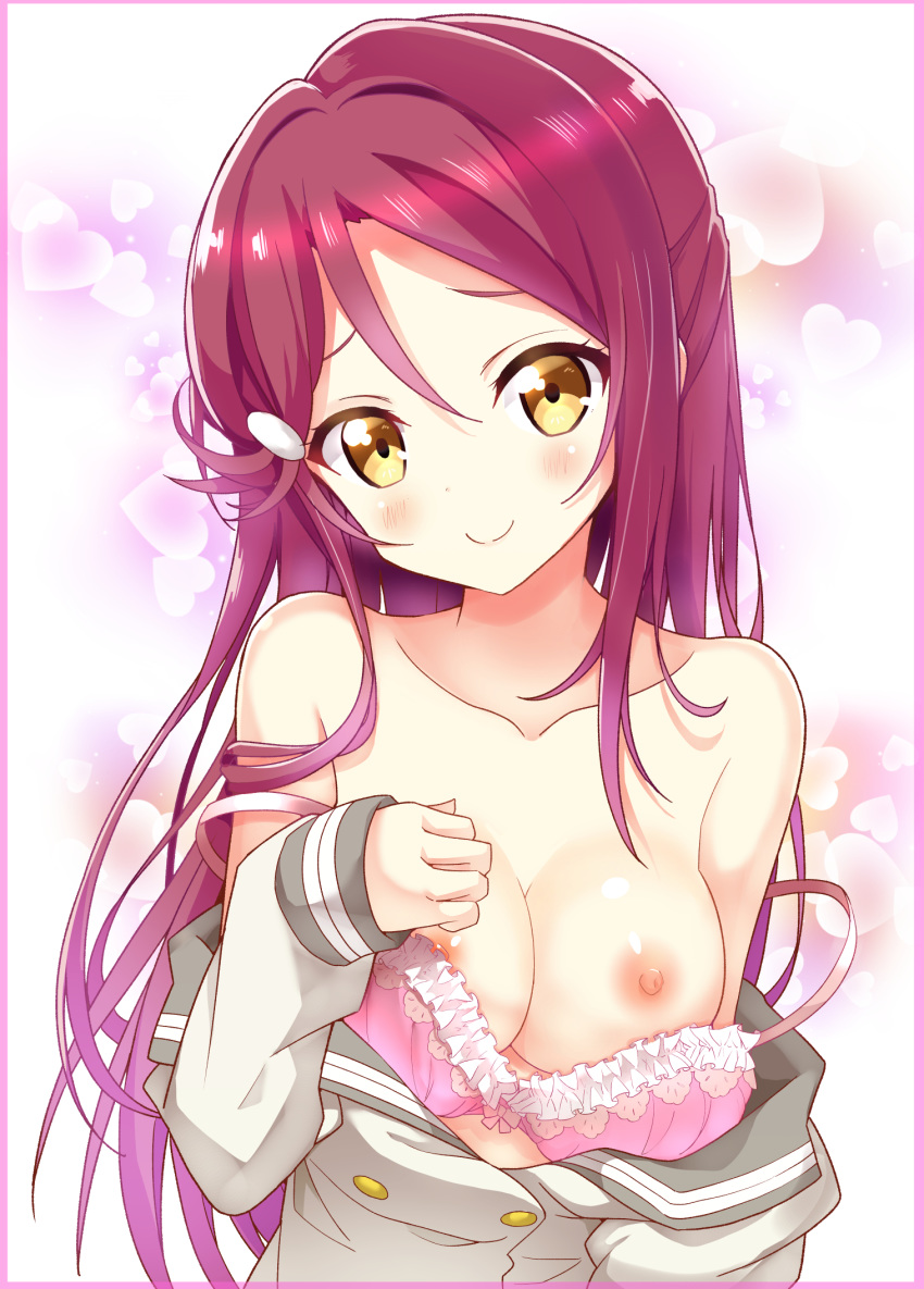 blush border bow bow_bra bra breasts closed_mouth clothes_down collarbone female frilled_bra frills hair_between_eyes hair_ornament hairclip head_tilt heart heart_background highres long_hair looking_back love_live! love_live!_sunshine!! medium_breasts nanakusa_(user_rnpt7322) nipples pink_bra red_hair sakurauchi_riko school_uniform serafuku silhouette sleeves_past_wrists smile solo underwear upper_body white_background yellow_eyes