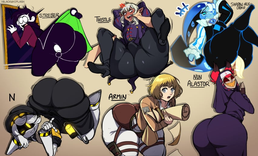 6boys alastor_(hazbin_hotel) anger_symbol angry armin_arlert ass attack_on_titan big_ass big_butt black_hair blackwhiplash blonde_hair blue_eyes blue_skin blush blushing boner butt bwl cookie cookie_run cookie_run_kingdom crossover delicious_in_dungeon demon dungeon_meshi fat_ass fat_butt femboy fully_clothed girly glitch_productions grabbing_ass grabbing_legs grabbing_mouth hat hazbin_hotel heel_boots heeled_boots high_heel_boots high_heels huge_ass huge_butt lifting lifting_clothing looking_at_viewer looking_back looking_back_at_viewer male male_only multiple_boys murder_drones n_(murder_drones) paradis_military_uniform pump_(srpelo) purple_eyes red_eyes red_hair robot shadow_milk_cookie shingeki_no_kyojin skid_(srpelo) spooky_month sr_pelo streber_(spooky_month) sweat sweating tail thick_ass thick_butt thistle_(dungeon_meshi) white_hair wink winking_at_viewer yellow_eyes