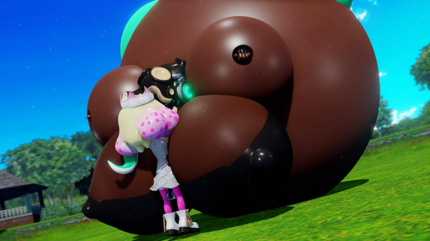 3d 3d_render balloon_inflation black_hair black_skin blow_kiss body_expansion body_inflation crown expansion green_legwear headphones huge_boobs huge_breasts inflation inkling inkling_girl nintendo octoling octoling_girl off_the_hook_(splatoon) pink_legwear splatoon white_hair white_skin youkisora