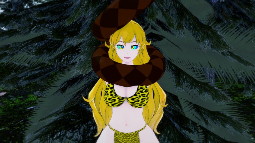 3d bikini blonde_hair breasts coiling eyes_crossed hypnosis kaa_eyes koikatsu lamia large_breasts leopard_print loincloth long_hair mind_control monster monster_girl mrkoiru open_mouth original original_character outdoors pale_skin rwby smile snake the_jungle_book yang_xiao_long