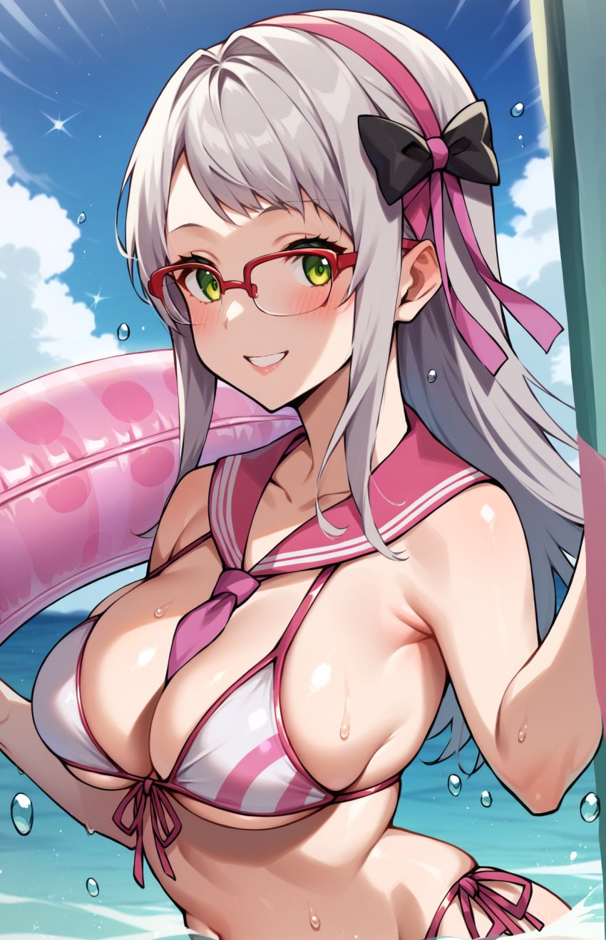 ai_generated beach goddess_of_victory:_nikke green_eyes kawaii_waifus neon neon_(blue_ocean)_(nikke) neon_(nikke) patreon preview swimsuit