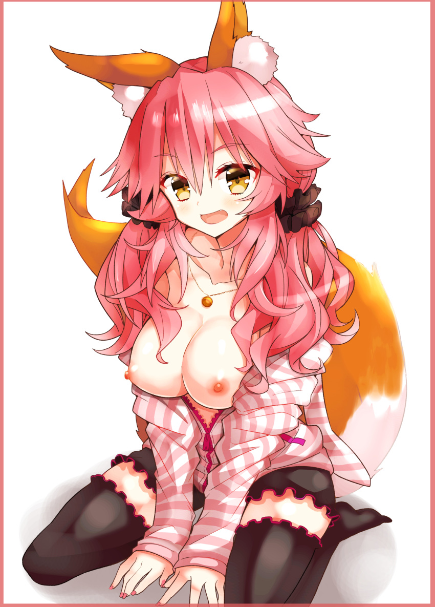 :d animal_ears animal_hood between_legs black_legwear black_shoes blush border breasts breasts_out brown_eyes bunny_hood casual collarbone eyebrows_visible_through_hair fate/extra fate_(series) female fox_ears fox_tail hair_between_eyes hair_ornament hair_scrunchie hand_between_legs head_tilt highres hood hoodie jewelry long_hair looking_at_viewer medium_breasts nail_polish nanakusa_(user_rnpt7322) necklace nipples no_shoes open_clothes open_hoodie open_mouth pink_hair pink_nails scrunchie shoes sitting sleeves_past_wrists smile solo striped_hoodie tail tamamo_no_mae_(fate) thighhighs white_background zipper