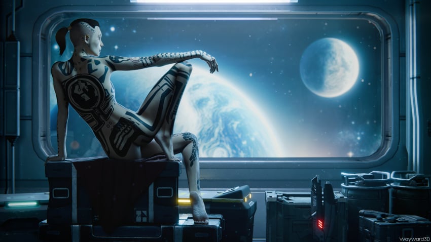 1girls 3d armpits barefoot casual feet female female_only human jack_(mass_effect) mass_effect nude nude_female pale_skin ponytail soles solo solo_female solo_focus tattoo tattoos toes waywardsfm