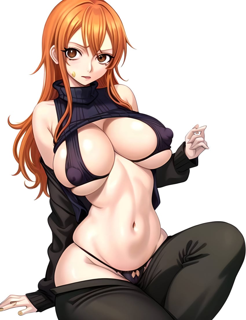 ai_generated big_breasts cardigan crop_sweater crop_top female female_only ginger ginger_hair long_hair nami nami_(one_piece) nipples_visible_through_clothing one_piece pants_removed post-timeskip slutty_clothing slutty_outfit sweater turtleneck visible_underwear zarazin