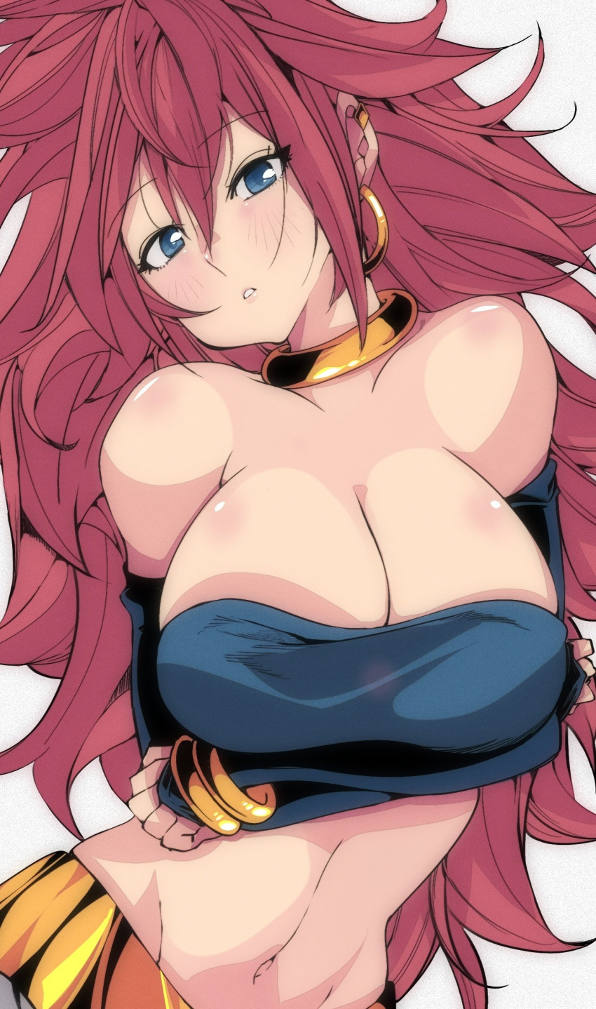 1girls android_21 android_21_(human) arms_under_breasts big_breasts blush bracelet breasts brown_hair cleavage collar dragon_ball dragon_ball_fighterz ear_piercing ear_ring earrings elbow_gloves female female_focus female_only fingerless_gloves gold_bracelet gold_jewelry huge_breasts jewelry long_hair looking_at_viewer midriff milf navel neck_ring omochi_db solo voluptuous voluptuous_female