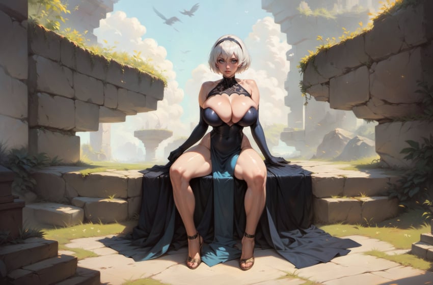 1robot_girl ai_generated android big_breasts cleavage league69 legs_apart nier:_automata no_panties robot_humanoid short_hair solo white_hair yorha_2b