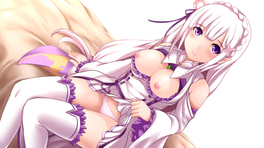 bed elf emilia_(re:zero) female long_hair long_hears purple_eyes purple_ribbon re:zero_kara_hajimeru_isekai_seikatsu socks white_hair