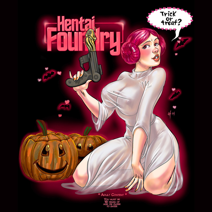 a_new_hope dildo halloween hentai_foundry mascot nipple_bulge no_bra no_panties pink_hair princess_leia_organa pumpkins red_eyes see-through star_wars tied_hair truely twintails