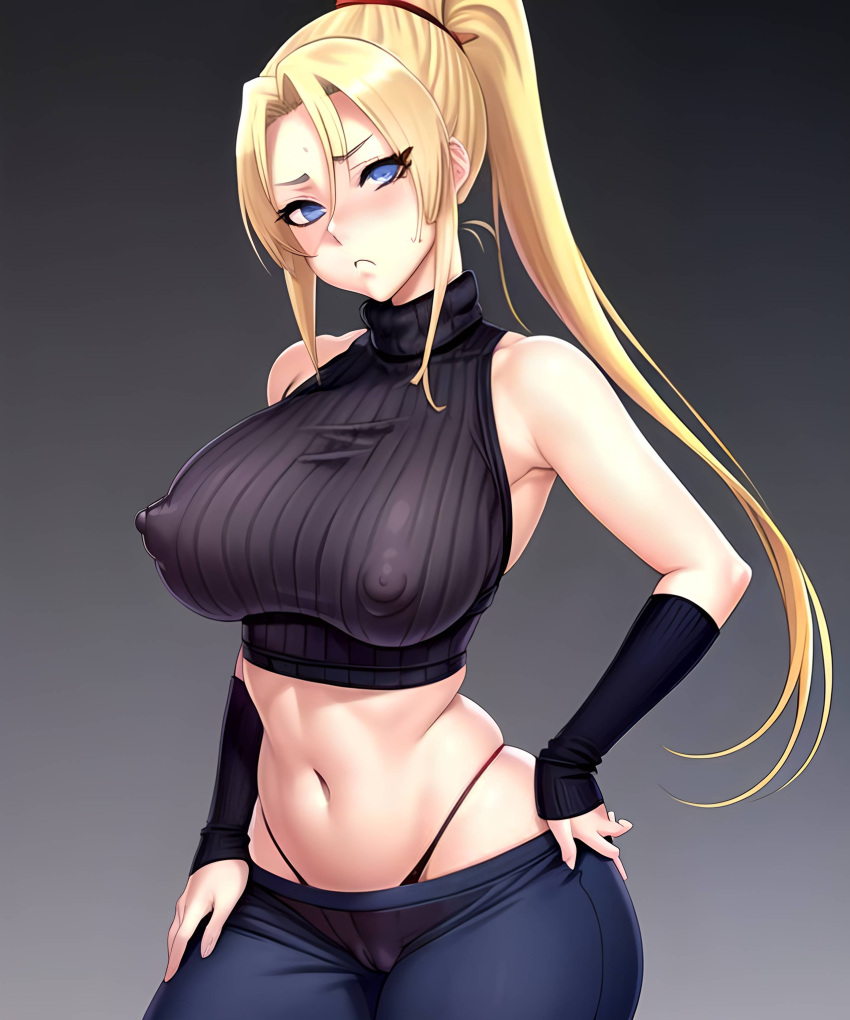 1girls ai_generated alternate_breast_size angry_face arm_warmers big_breasts blonde_hair blue_eyes clothed crop_sweater displeased female female_only human ino_yamanaka low_waisted_pants naruto naruto_(series) naruto_shippuden nipples_visible_through_clothing ponytail sleeveless_sweater slutty_outfit solo thong turtleneck turtleneck_sweater visible_underwear whale_tail zarazin