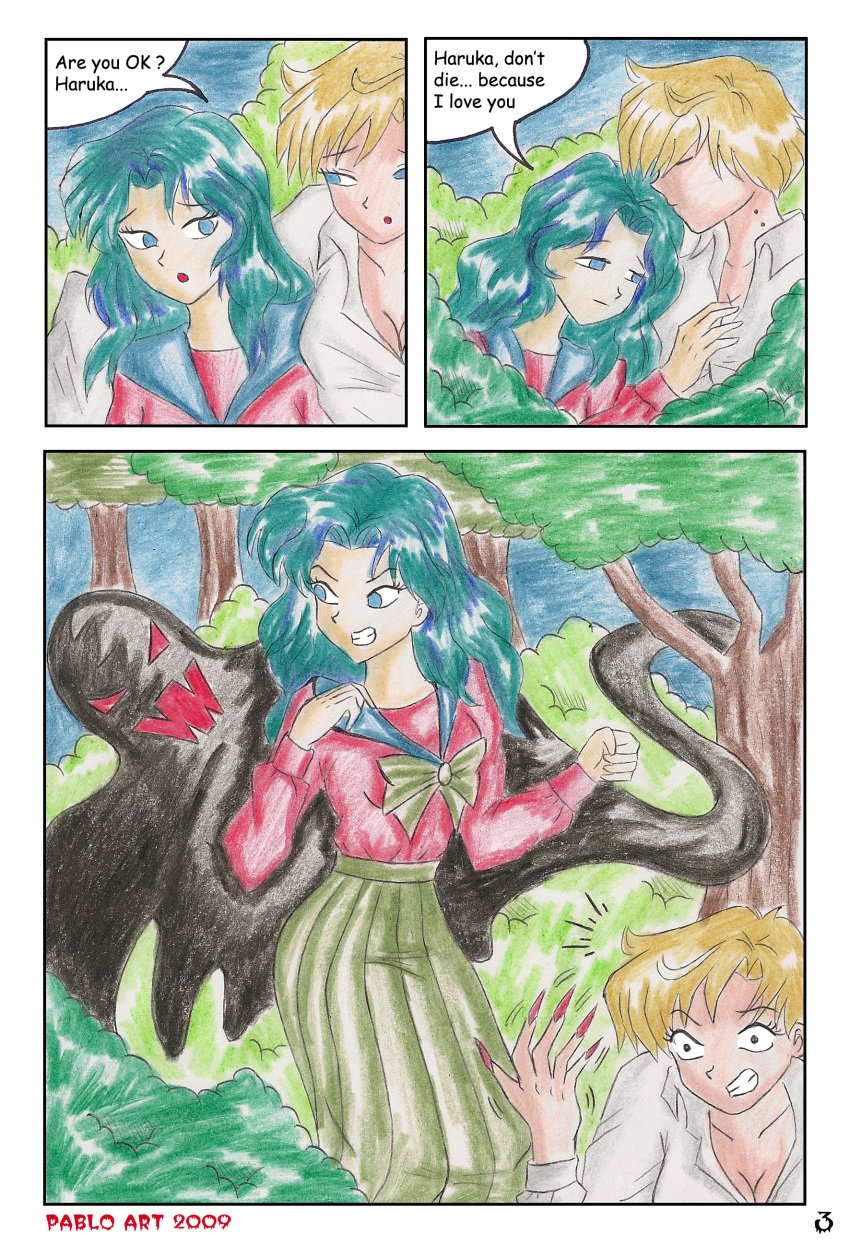 bishoujo_senshi_sailor_moon bite_mark black_sclera blonde_hair claws clothing comic empty_eyes english_text fangs femsub glowing_eyes green_hair haruka_tenou locofuria long_hair michiru_kaiou nipples page_3 page_number pointy_ears red_eyes school_uniform short_hair skirt text topless traditional transformation twintails vampire yuri