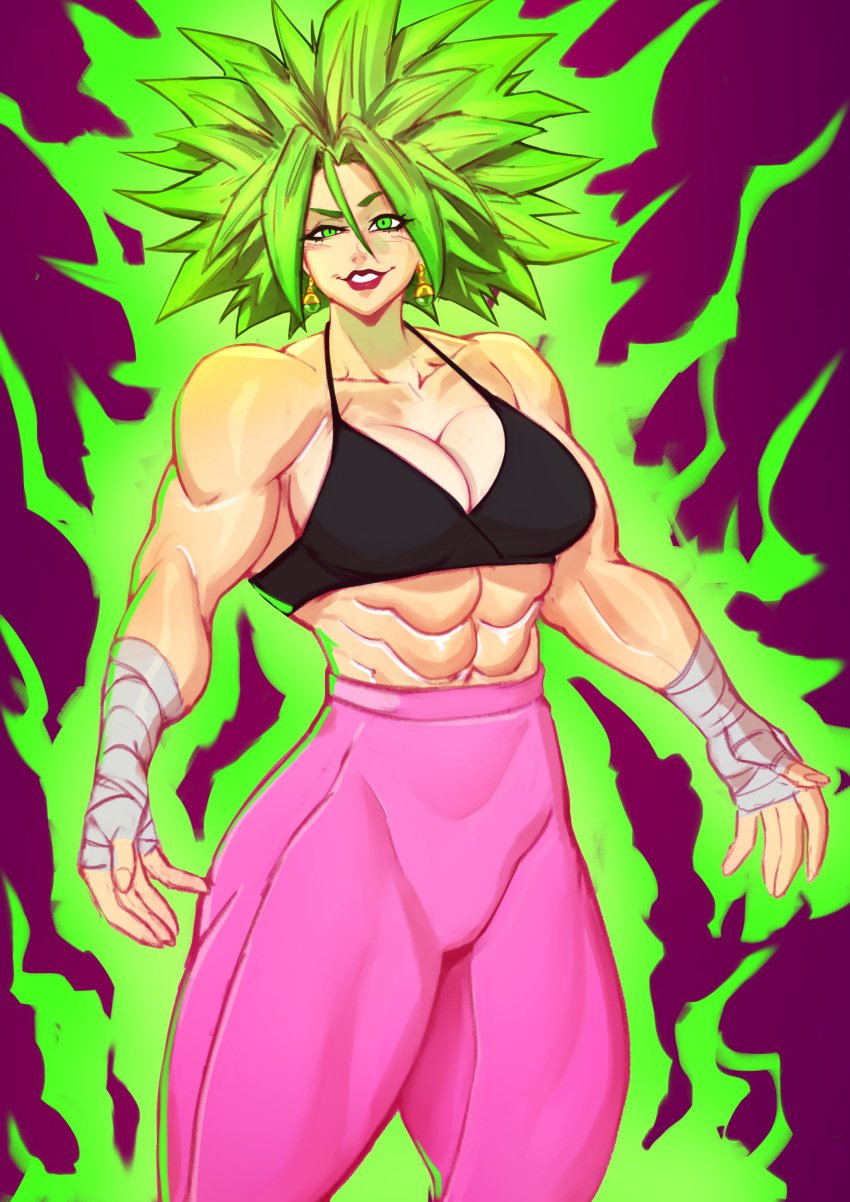 abs bandaged_arm bandages bare_shoulders biceps black_bra breasts cleavage collarbone cowboy_shot crop_top dragon_ball dragon_ball_super dragon_ball_z earrings female green_eyes green_hair hair_between_yes jewelry kefla large_breasts legendary_super_saiyan long_hair looking_at_viewer medium_breasts midriff muscular muscular_female navel obliques open_mouth pants pink_leggings pink_pants scar short_hair simple_background smile solo spiked_hair sports_bra standing stomach super_saiyan super_saiyan_2 tank_top teeth thighs toned wristband