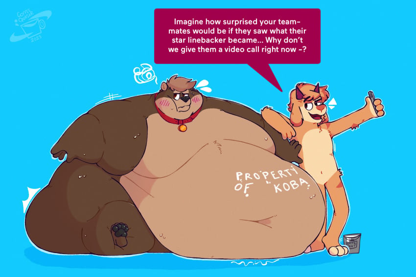 2023 2boys anthro belly belly_overhang bhm big_belly blob blush blushing body_writing coffeequasar fat fat_anthro fat_belly fat_fetish fat_male fat_man fat_rolls fat_shaming fat_thighs fatfur forced_presentation furry gigantic_belly goat goat_boy immobile koba_the_goat_(coffeequasar) larger_male morbidly_obese morbidly_obese_anthro morbidly_obese_male obese obese_anthro obese_male overweight overweight_anthro overweight_male size_difference smaller_male ssbhm ussbhm weight_gain wide_hips