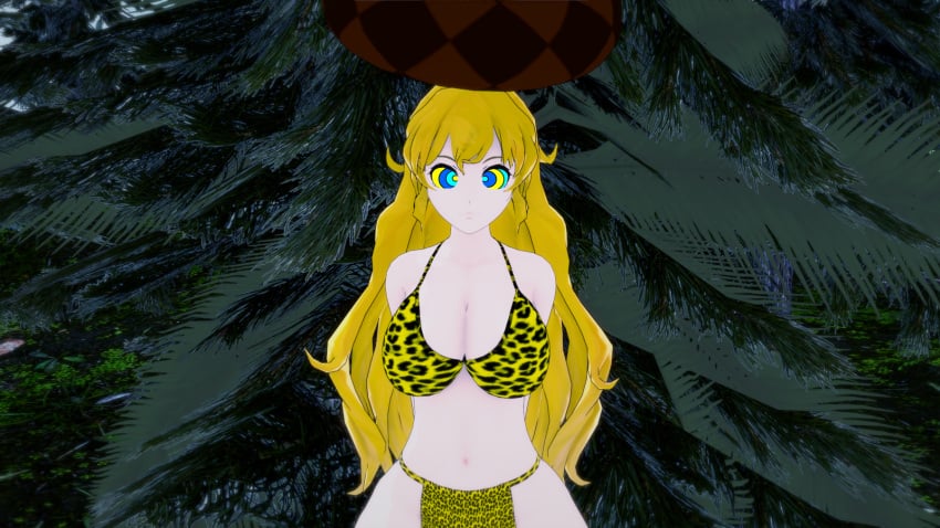 3d bikini blonde_hair breasts coiling eyes_crossed hypnosis kaa_eyes koikatsu lamia large_breasts leopard_print loincloth long_hair mind_control monster monster_girl mrkoiru open_mouth original original_character outdoors pale_skin resisting rwby smile snake the_jungle_book weak_resistance yang_xiao_long