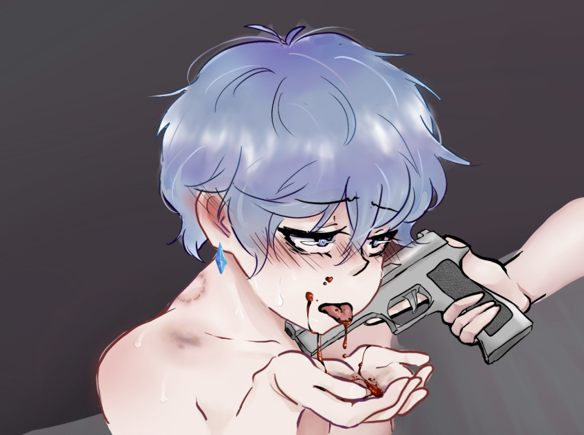 1boy bite_mark blood blood_on_face blue_eyes blue_hair blush cute earrings femboy femdom gun gunplay gunpoint heart_eyes hickey original original_character pov self_upload solo_male submissive_male twink