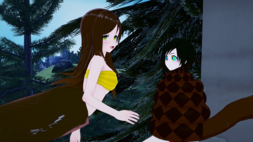 2girls 3d bikini black_hair breasts brown_hair choking coiling female female_only happy_trance hypnosis kaa_eyes koikatsu lamia leaning_forward leopard_print long_hair medium_breasts mind_control monster monster_girl mrkoiru multiple_girls naga open_mouth original original_character outdoors pale_skin ruby_rose rwby smile snake snake_girl swimsuit the_jungle_book