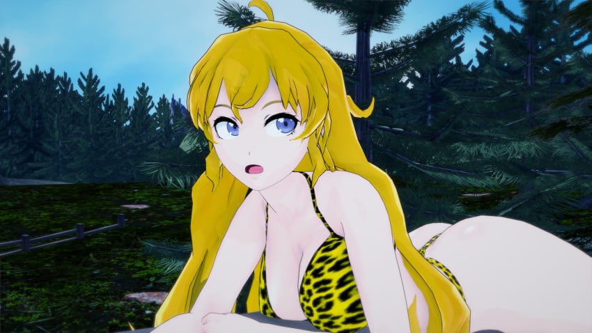 1girls 3d ass big_breasts bikini blonde_hair breasts busty cleavage female female_only koikatsu large_ass large_breasts leopard_print long_hair lying mrkoiru on_stomach open_mouth outdoors pale_skin pose posing purple_eyes rwby solo the_jungle_book the_pose thong yang_xiao_long