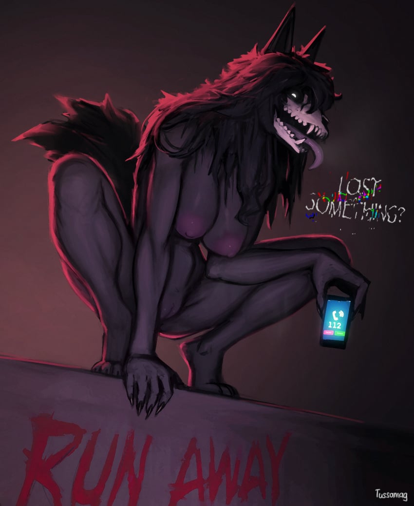 anthro big_breasts black_body black_fur black_hair bone breasts canid canine claws female fur hair hi_res long_tongue mal0 malo mammal nipples nude open_mouth scp-1471 scp-1471-a scp_foundation simple_background skull skull_head solo tail text tongue tussamag