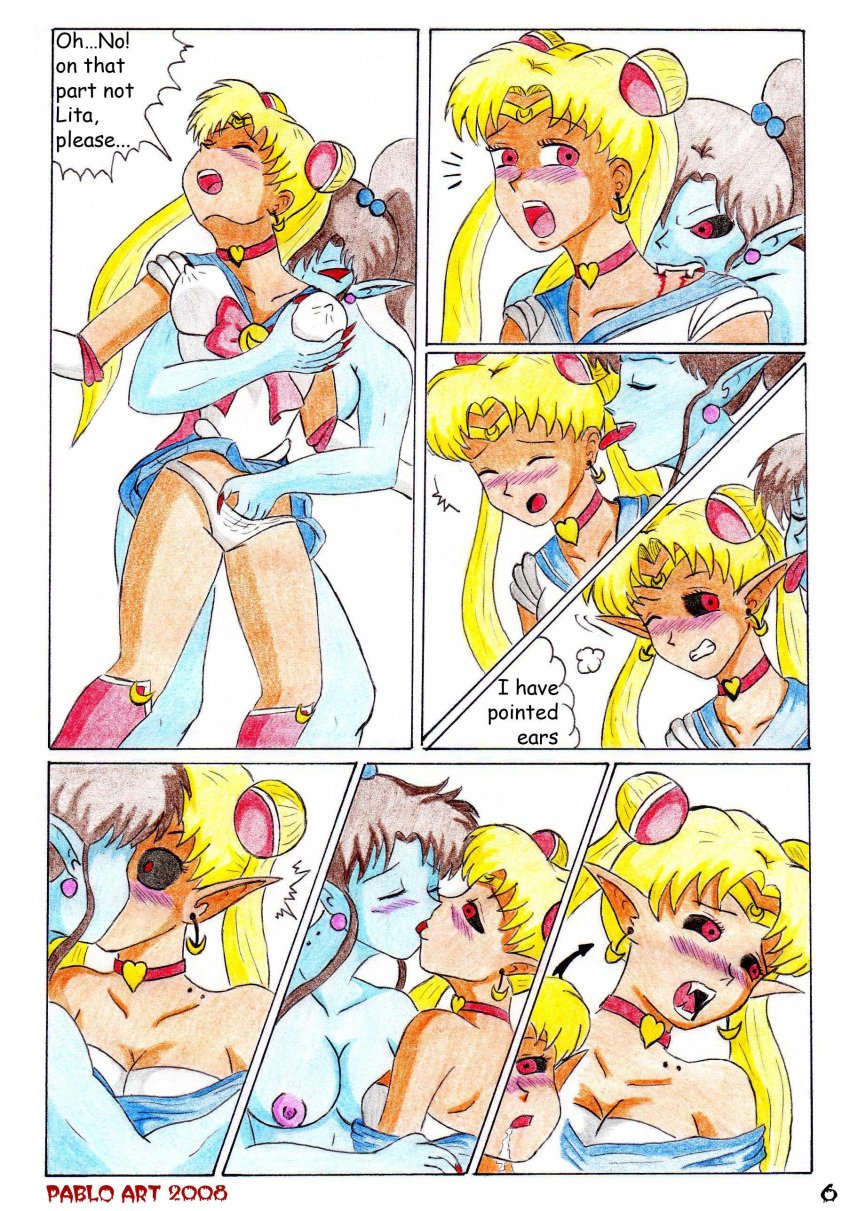 absurdres bishoujo_senshi_sailor_moon bite bite_mark blonde_hair blood blood_sucking blush breasts brown_hair clothing comic corruption dialogue english_text erect_nipples erect_nipples_under_clothes female_only femdom femsub fingering glowing_eyes large_breasts locofuria long_hair makoto_kino medium_breasts page_6 page_number panties pointy_ears red_eyes sailor_jupiter sailor_moon skirt text topless transformation twintails usagi_tsukino vampire yuri