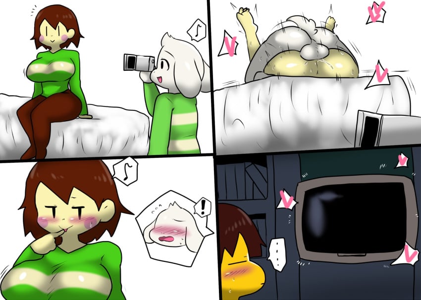 anthro_penetrating asriel_dreemurr big_ass big_breasts big_thighs blush brown_hair camera chara chara_(undertale) enigi09 frisk frisk_(undertale) mating_press thick_thighs tv undertale undertale_(series) white_fur