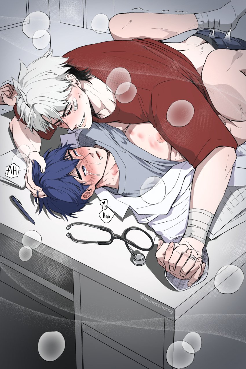 blue_eyes blue_hair crying cum doctor eunho_(plave) horny_male plave red_eyes tagme white_hair yaoi yejun_(plave)