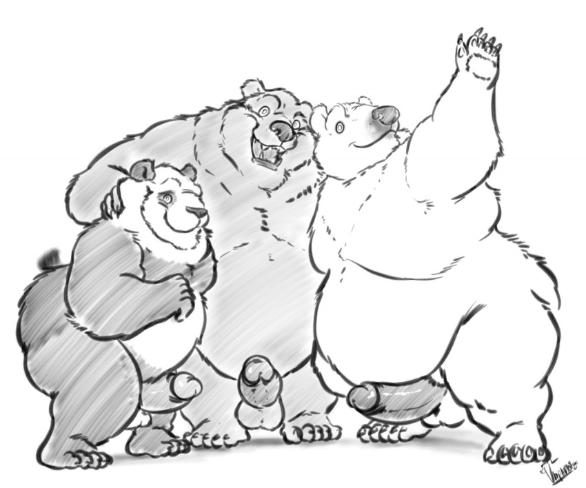 2016 5_fingers 5_toes anthro balls barefoot bear belly big_belly biped cartoon_network claws erection fangs front_view glans greyscale grizzly_(character) group hug humanoid_penis ice_bear looking_at_viewer male male_only mammal monochrome nude open_mouth overweight overweight_male panda panda_(character) penis plantigrade polar_bear raised_arm signature simple_background smile standing thick_thighs toe_claws toes uniparasite we_bare_bears white_background