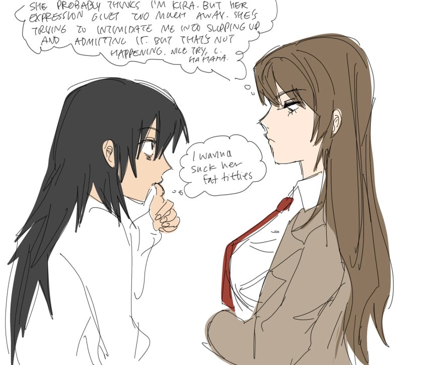 black_hair breasts brown_hair death_note english_text genderswap_(mtf) i_wanna_suck_her_fat_titties_(meme) l_lawliet large_breasts light_yagami long_black_hair long_brown_hair long_hair neet rule_63 school_uniform text thought_bubble y4ntaoist yuri