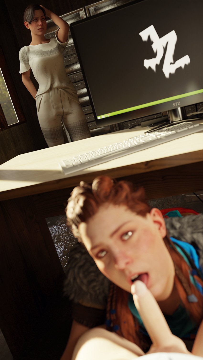 1boy 2girls 3d 3d_model aloy beta_(horizon_forbidden_west) cgi cgi_girl clone clothed clothed_female clothed_female_clothed_male clothed_male clothed_male_clothed_female clothed_sex computer female green_eyes guerilla_games half_dressed half_naked horizon_forbidden_west horizon_zero_dawn interior interior_scene interior_view junkerz kneeling male multiple_girls office office_sex oral oral_sex penis penis_in_mouth sex sony_interactive_entertainment stealth_fellatio twin_sisters twins under_the_desk under_the_table