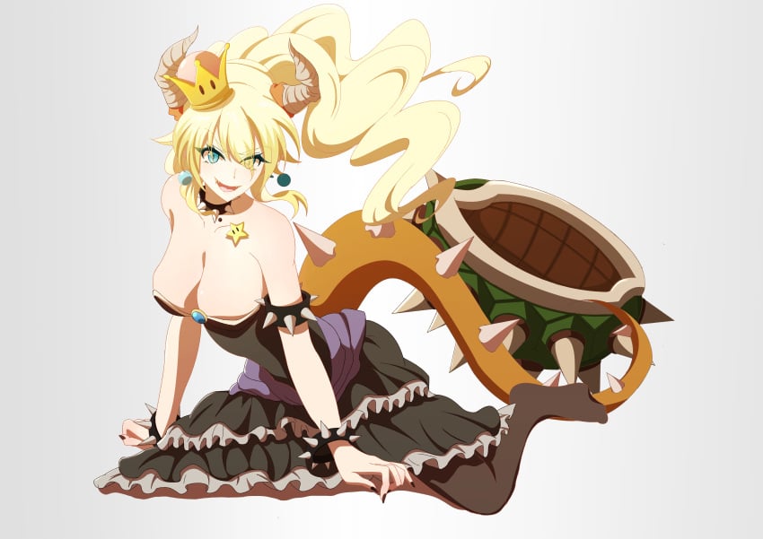 absurdres all_fours armlet bare_shoulders black_collar black_dress black_nails black_pantyhose blonde_hair blue_eyes bowsette bracelet breasts cleavage collar dress earrings eyes_visible_through_hair female floating_hair frilled_dress frills gem hair_between_eyes highres horns huoxing_jiuzai jewelry large_breasts lolita_fashion long_hair looking_at_viewer mario_(series) nail_polish new_super_mario_bros._u_deluxe nintendo pantyhose pointy_ears sharp_teeth solo spiked_armlet spiked_bracelet spiked_collar spiked_shell spiked_tail spikes strapless strapless_dress super_crown tail teeth turtle_shell very_long_hair