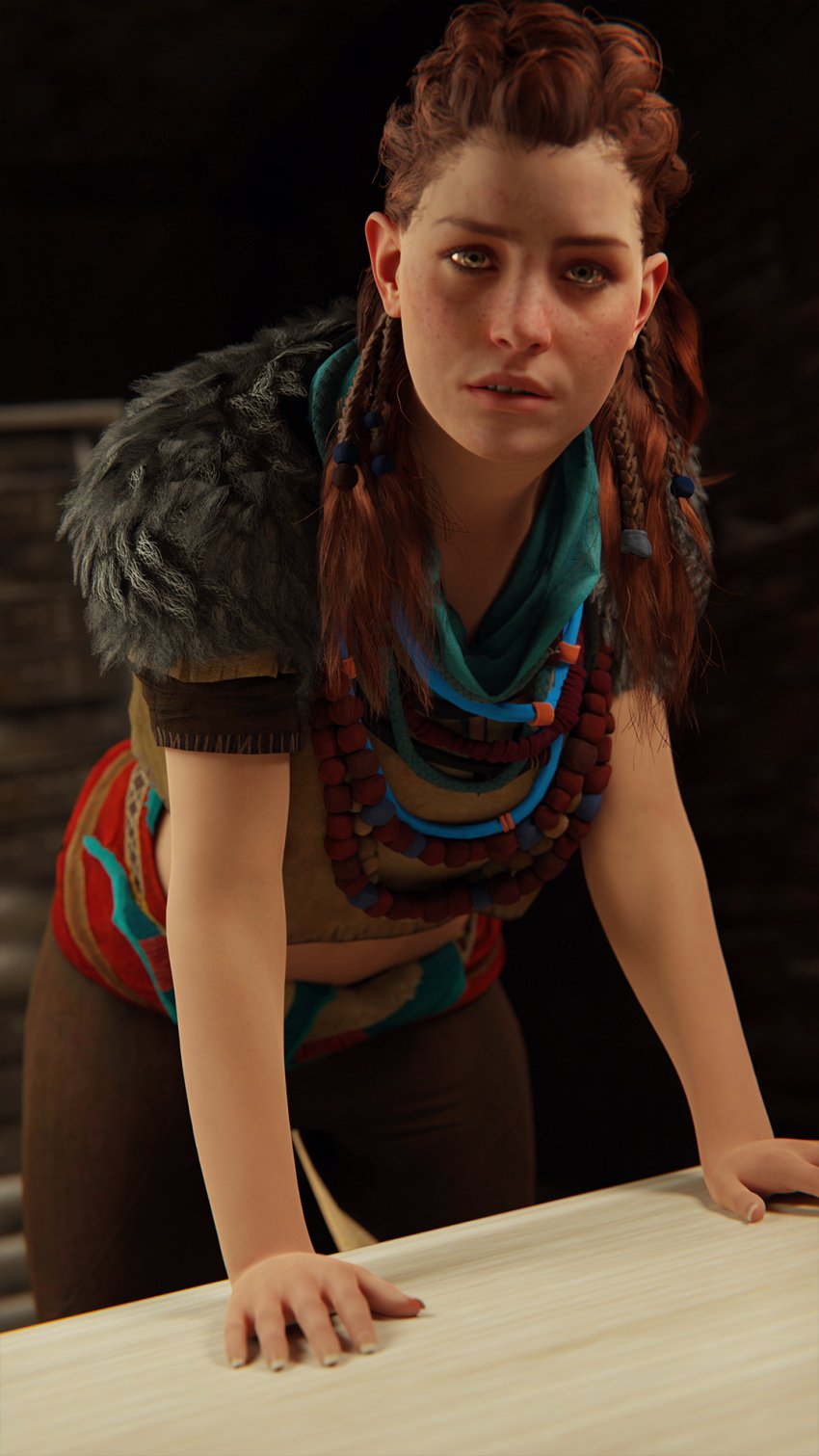 1girls 3d 3d_model aloy cgi clothed clothed_female clothing desk female female_only freckles freckles_on_face green_eyes guerilla_games horizon_forbidden_west horizon_zero_dawn human human_female interior interior_view junkerz long_hair looking_at_viewer office ready_for_sex ready_to_fuck red_hair solo sony_interactive_entertainment tribal_clothing tribal_female tribal_outfit