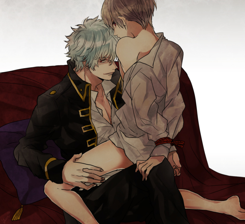 2boys bottomless bound bound_wrists brown_hair gay gintama gintoki_sakata light_brown_hair looking_at_viewer looking_back male male_only milkteapunchcat off_shoulder okita_sougo police_officer police_uniform restrained rope shinsengumi_(gintama) sitting sitting_on_lap sitting_on_person smile sofa twink wearing_others_clothes white_hair yaoi