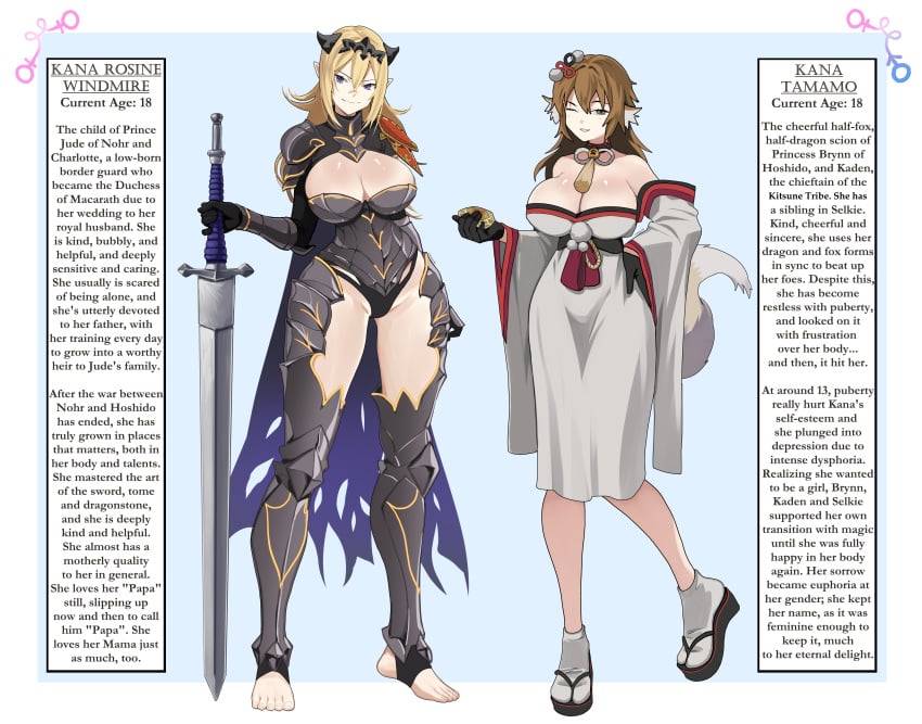 2girls absurdres aged_up animal_ears armor bare_shoulders black_armor black_gloves blonde_hair blue_background blue_eyes breasts brown_eyes brown_hair cape claymore_(sword) cleavage commentary cowlick crown crown_hair_ornament detached_collar detached_sleeves dragon_girl english_commentary english_text eudetenis female female_focus fire_emblem fire_emblem_fates fox_ears fox_girl fox_tail fully_clothed genderswap_(mtf) gloves greatsword hair_ornament hair_ribbon highres japanese_clothes kana_(fire_emblem) kana_(fire_emblem)_(female) kana_(fire_emblem)_(male) kimono kitsune large_breasts leg_armor leotard long_hair medium_hair messy_hair multiple_girls nintendo obi oerba_yun_fang panties pauldrons pointy_ears pom_pom_(clothes) pom_pom_hair_ornament revealing_clothes ribbon rule_63 sash seiza shield shoulder_armor sitting sword tabi tail text thigh_gap thighs torn_cape torn_clothes underwear wanderer2691 weapon white_kimono white_tail zouri
