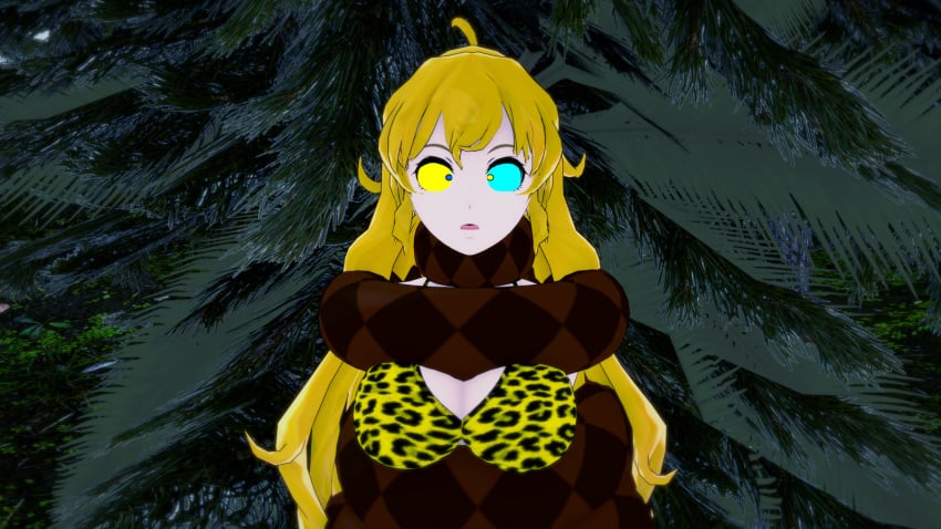 3d bikini blonde_hair breasts choking coiling eyes_crossed hypnosis kaa_eyes koikatsu lamia large_breasts leopard_print long_hair mind_control monster monster_girl mrkoiru open_mouth original original_character outdoors pale_skin rwby smile snake the_jungle_book yang_xiao_long