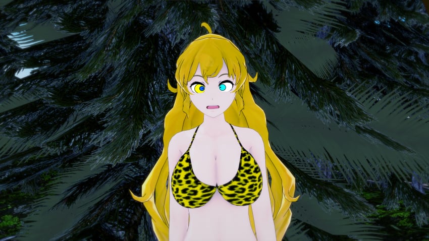 3d bikini blonde_hair breasts hypnosis kaa_eyes koikatsu large_breasts leopard_print long_hair mind_control mrkoiru open_mouth outdoors pale_skin resisting rwby surprised the_jungle_book weak_resistance yang_xiao_long