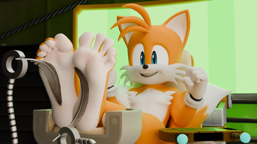 3d 3d_model 5_toes big_feet blue_eyes feathers feet feet_tickling feet_together feet_up foot_fetish foot_focus foot_play foot_tickling fox fuckboy highres laughing male_only miles_prower presenting_feet scrunched_toes sega smiling soles sonic_(series) sonic_the_hedgehog_(series) spread_toes tails tails_the_fox tickle_machine tickling tickling_feet twintails3d white_feet white_soles yellow_body