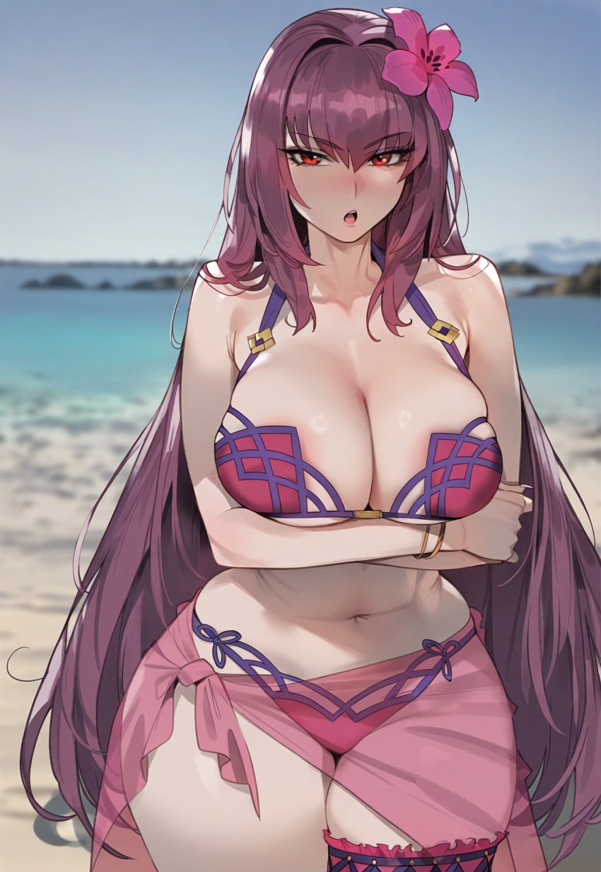 1girls ai_generated artstyle_imitation beach breasts fate/grand_order fate_(series) female floox hi_res high_resolution hips huge_breasts light-skinned_female light_skin long_hair naughty_face outdoors purple_hair red_eyes scathach_(fate) scathach_(swimsuit_assassin) stable_diffusion thiccwithaq_(ai_style) thick_thighs thighs voluptuous wide_hips